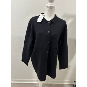 Quince Black Button Front Knit Shirt Jacket Cardigan Womens Size M ECOVERO New